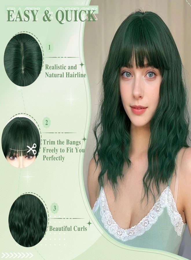 NAYOO Dark Green Wig with Bangs, 14 Inch Bob Wig with Bangs, Shoulder Length Green Short Wig for Daily Party Use - Image 3